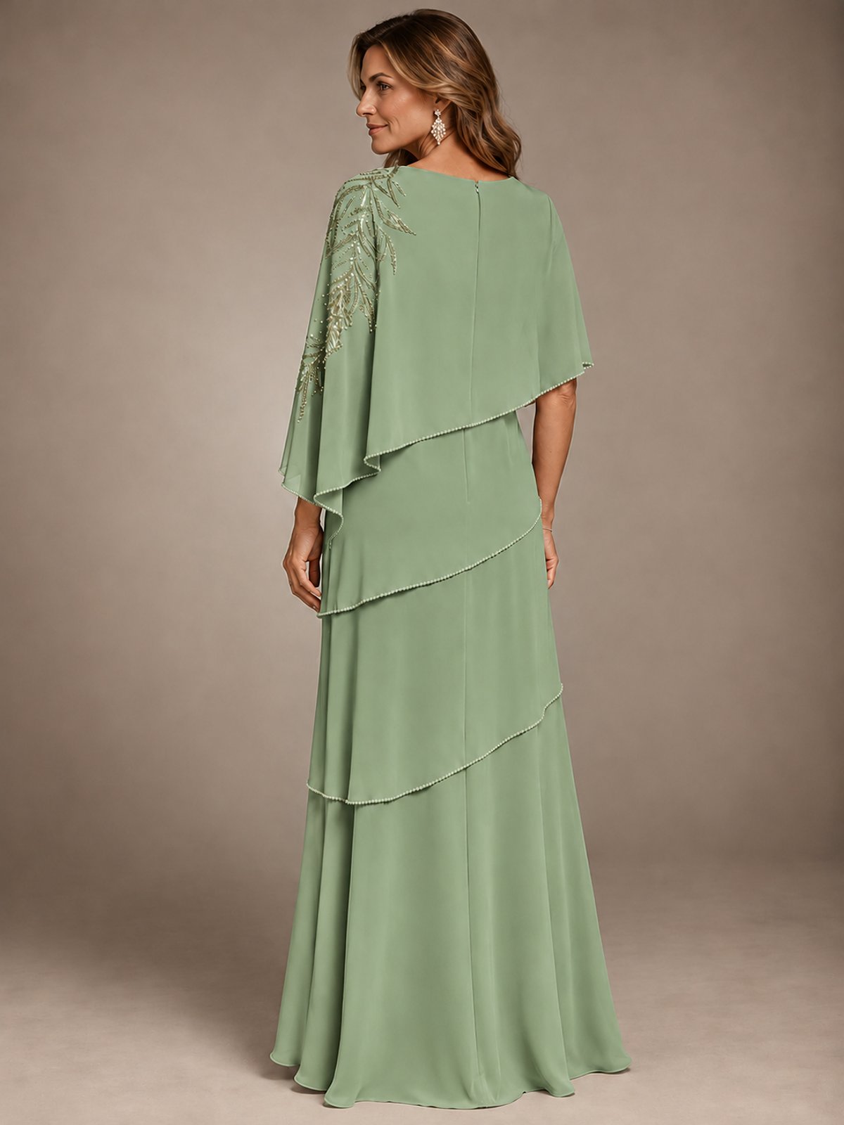 Elegant Chiffon Cape Sleeve Beaded Mother of the Bride Dress