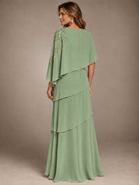 Elegant Chiffon Cape Sleeve Beaded Mother of the Bride Dress