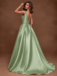 Satin A-Line Prom Dress Sleeveless Beaded Waist Formal Gown with Pockets
