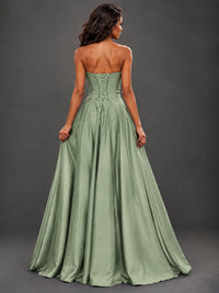 Draped Satin Prom Dress Strapless A-line Formal Dress Floor Length