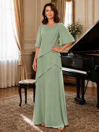 Asymmetric Draped Chiffon Mother of the Bride Dress with Flutter Sleeves
