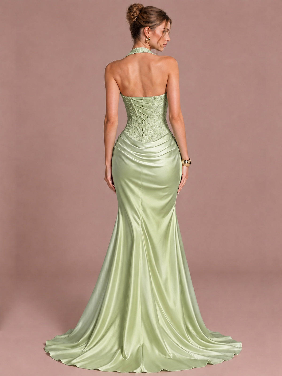 Sparkling Halter Corset Satin Mermaid Prom Dress