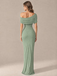 Elegant Draped Off Shoulder Ruched Mermaid Chiffon Formal Evening Gown