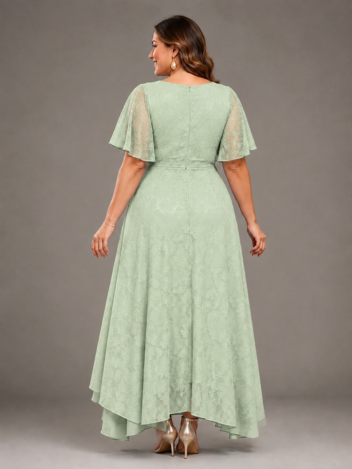 Jacquard Chiffon A-Line V-Neck High-Low Mother of the Bride Dress