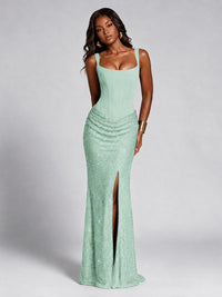Sequin Corset Mermaid Prom Dress with Square Neck Wide Strap High Slit