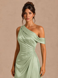 Satin One Shoulder Prom Dress Ruched Long Formal Evening Gown