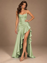 Burgundy Spaghetti Strap Ruched Prom Dress with Ruffled High Slit