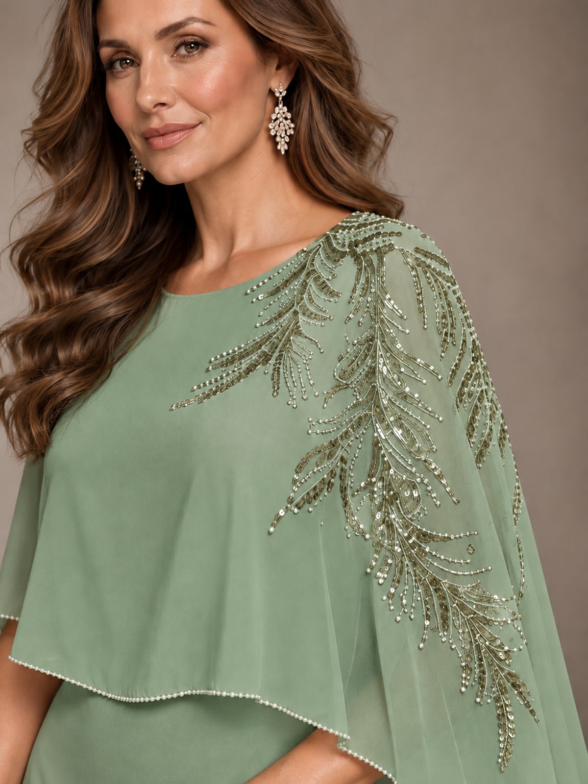 Elegant Chiffon Cape Sleeve Beaded Mother of the Bride Dress