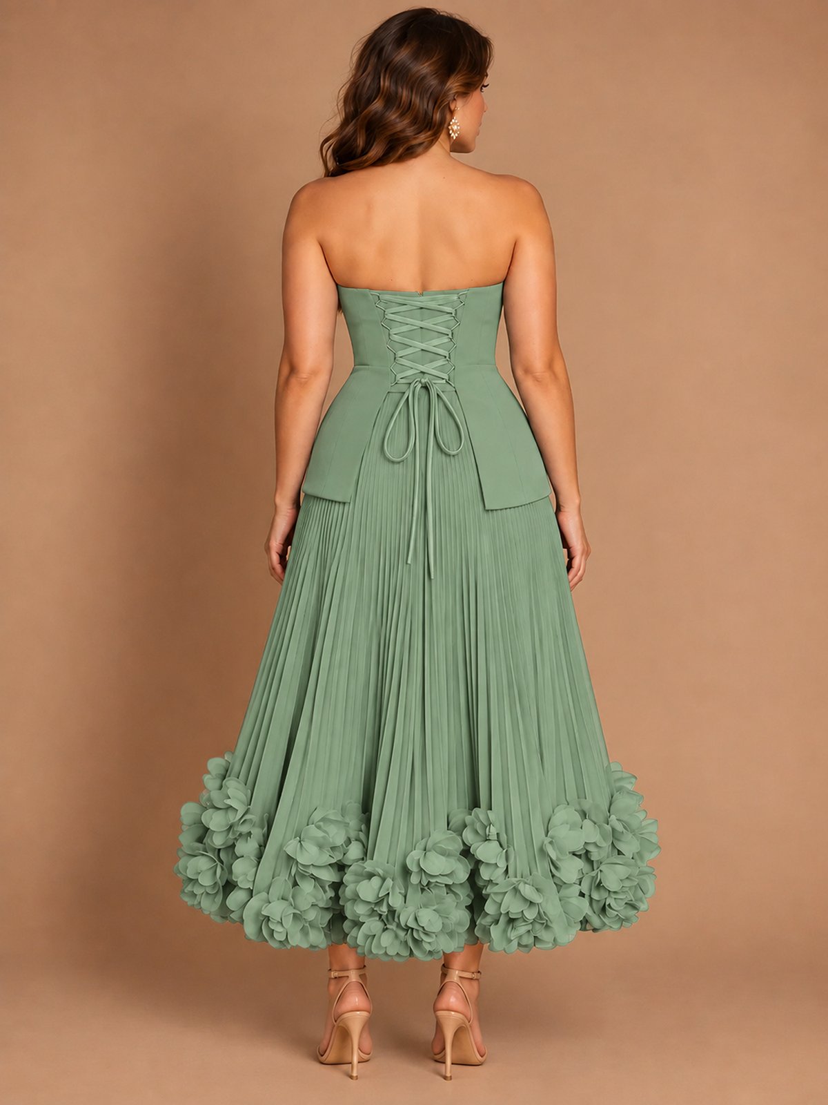Navy Blue Strapless Pleated A-Line Midi Dress with 3D Floral Applique
