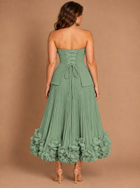 Navy Blue Strapless Pleated A-Line Midi Dress with 3D Floral Applique