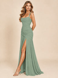 Wrap Pleated Prom Dress Scoop Neck with Slit Women Wedding Formal Dress