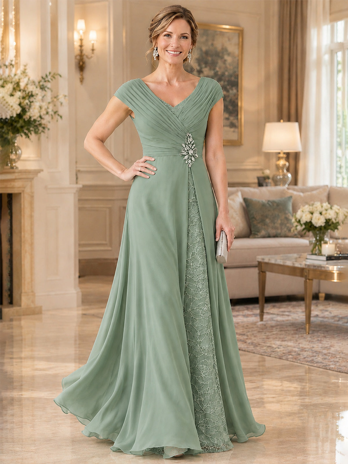 Pleated Chiffon Lace Mother of The Bride Dresses with Beading Cap Sleeves