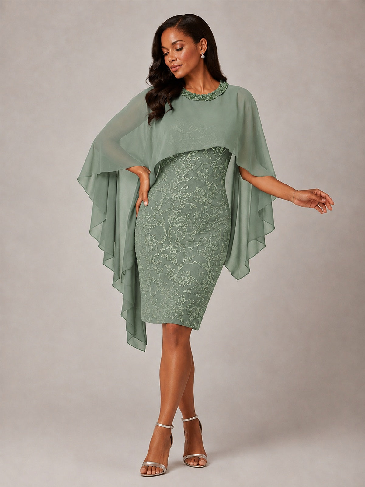 Floral Sheath Mother of the Bride Dress with Cape Overlay