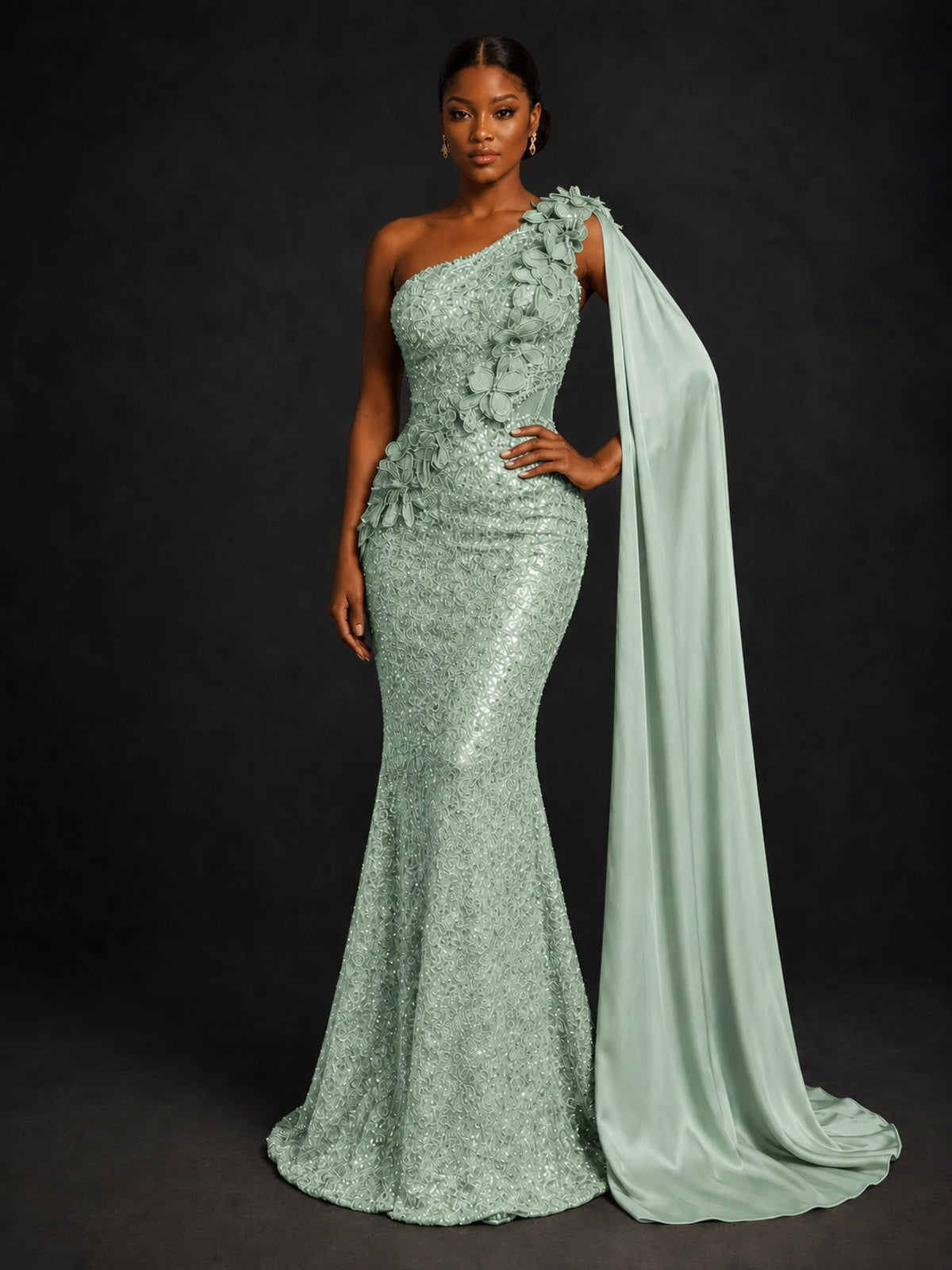 Gold Sequin One Shoulder Mermaid Prom Dress with Cape