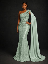 Gold Sequin One Shoulder Mermaid Prom Dress with Cape