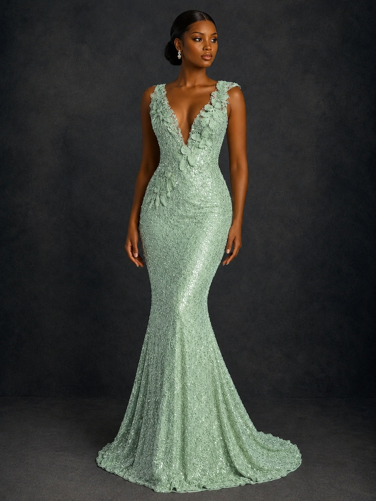 Gold Sequin Floral Applique Mermaid Prom Dress
