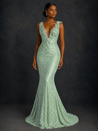 Gold Sequin Floral Applique Mermaid Prom Dress