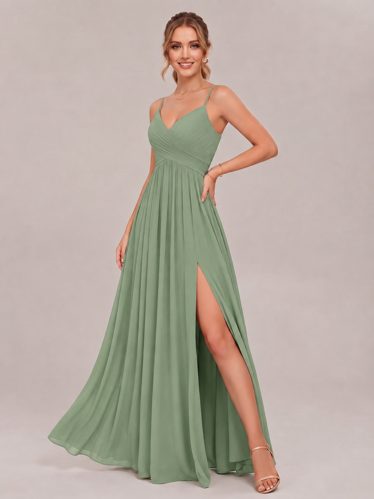 V-Neck Pleated Chiffon Long Bridesmaid Dress with Slit