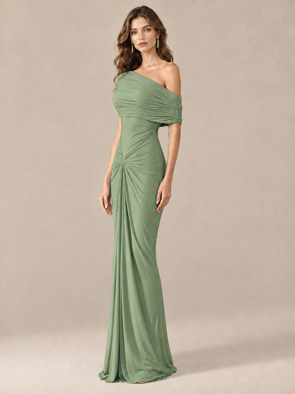 Elegant Draped Off Shoulder Ruched Mermaid Chiffon Formal Evening Gown