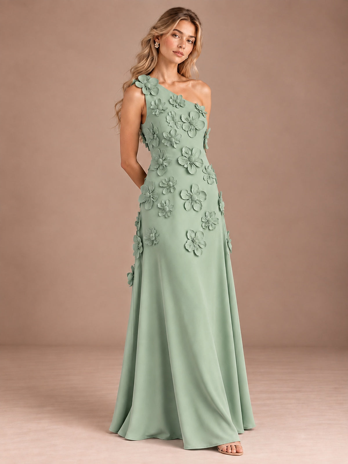 Sage Green One Shoulder Satin Formal Maxi Dress with 3D Floral