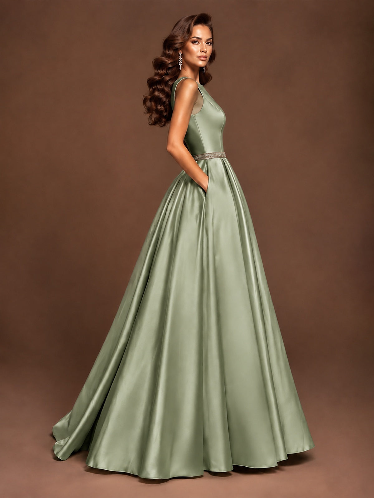Satin A-Line Prom Dress Sleeveless Beaded Waist Formal Gown with Pockets