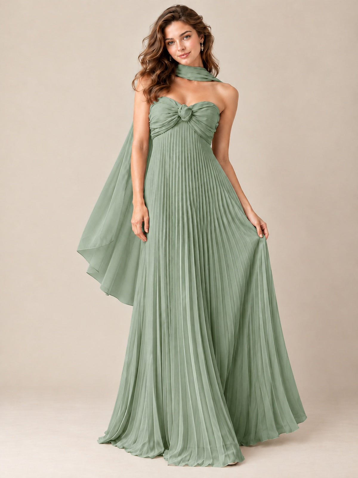 Sweetheart Neckline Pleated Prom Dress Strapless A-line Formal Dress with Flowy Scarf