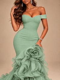 Dusty Blue Off-the-Shoulder Mermaid Prom Dress with 3D Rose & Ruffles