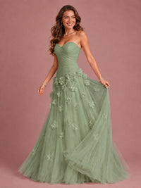 Blush Pink Strapless Sweetheart 3D Floral Tulle Ball Gown Prom Dres