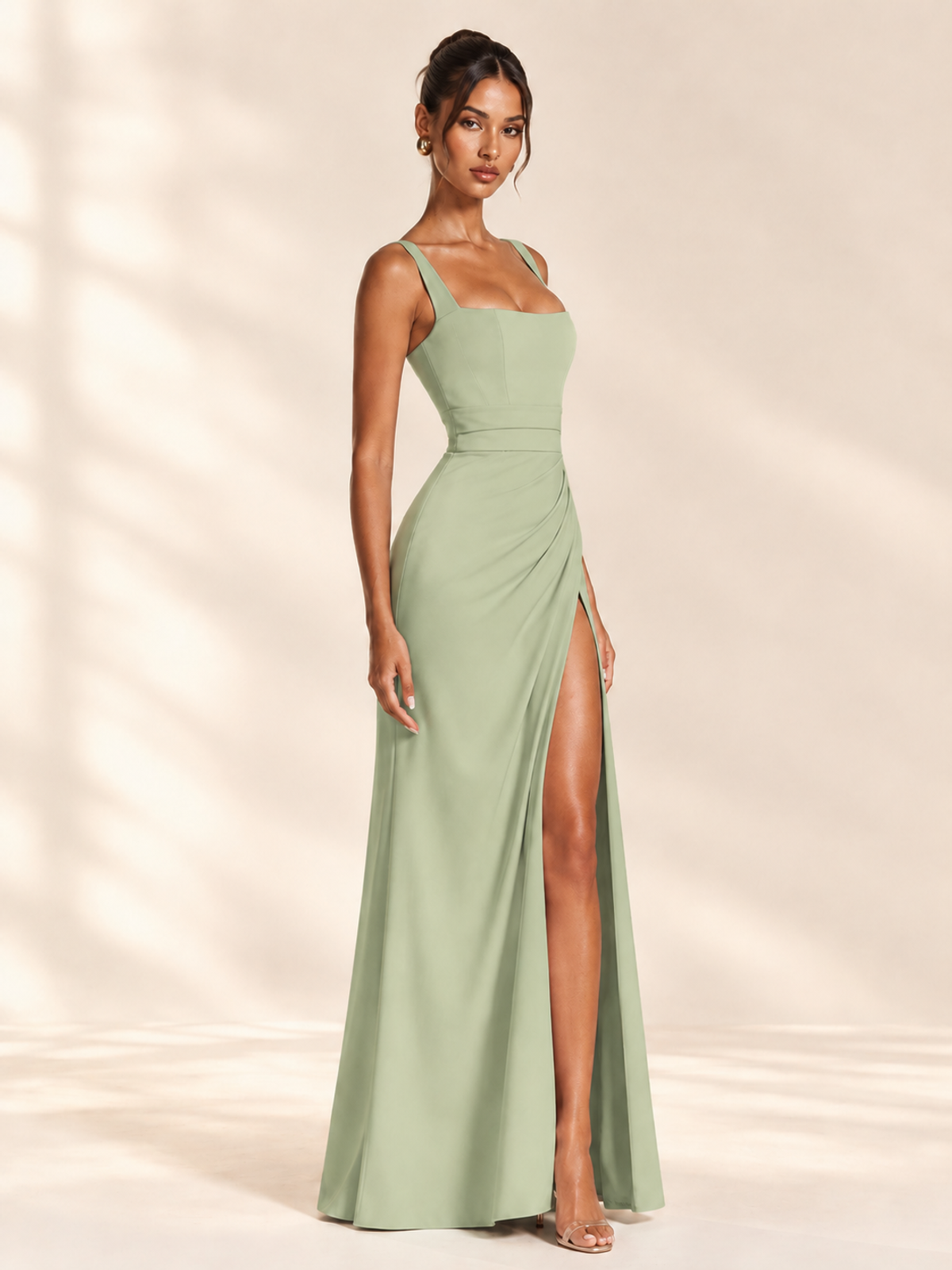 Square Neck Satin Sleeveless Ruched Prom Dress with High Slit