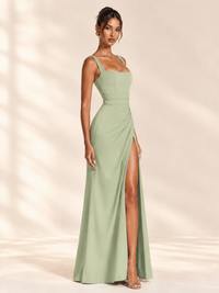 Square Neck Satin Sleeveless Ruched Prom Dress with High Slit