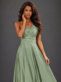 Draped Satin Prom Dress Strapless A-line Formal Dress Floor Length