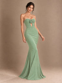 Emerald Green Strapless Mermaid Prom Dress with 3D Rose & Keyhole Cutout