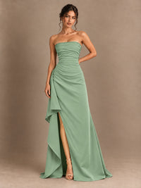 Black and White Strapless Ruched Prom Dress with High Slit & Side Drape