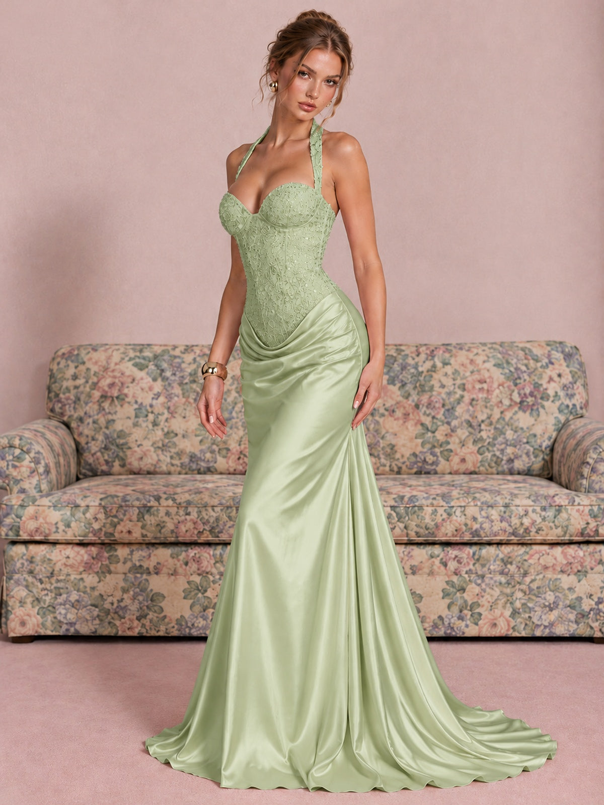 Sparkling Halter Corset Satin Mermaid Prom Dress