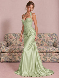 Sparkling Halter Corset Satin Mermaid Prom Dress