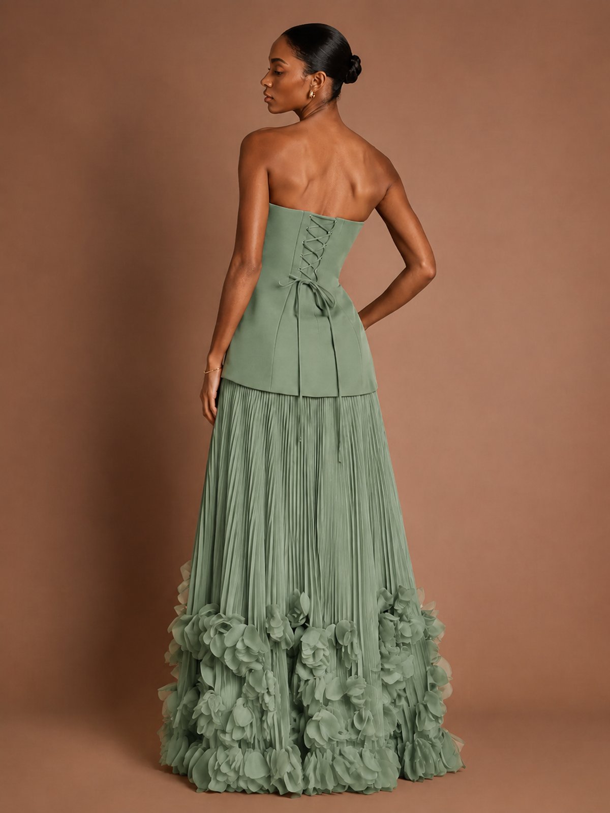 Strapless Pleated Floral Satin Formal Dress with Side Slit