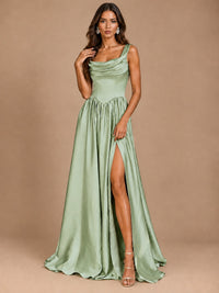 Cowl Neck Pleated Satin Prom Dress with Pockets & Slit Maxi Formal Gowns