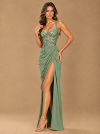Sweetheart Halter Prom Dress Pleated Lace Floral Formal Dress with Slit