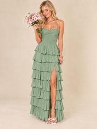 Ruffled Tiered Chiffon Prom Dress Spaghetti Straps Formal Maxi Dress with Slit