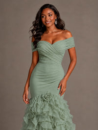 Pink Off-the-Shoulder Mermaid Prom Dress with Ruffles 3D Flowers