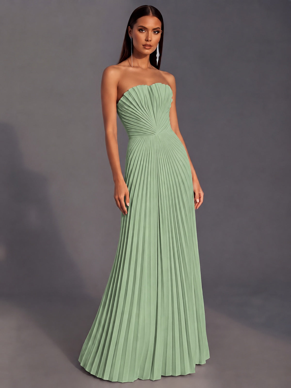 Strapless A-line Long Pleated Satin Prom Dress