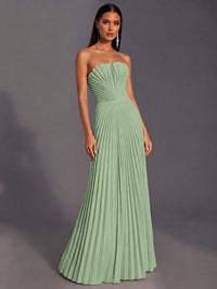 Strapless A-line Long Pleated Satin Prom Dress