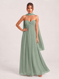 Strapless Ruched Chiffon Long Prom Dress with Scarf