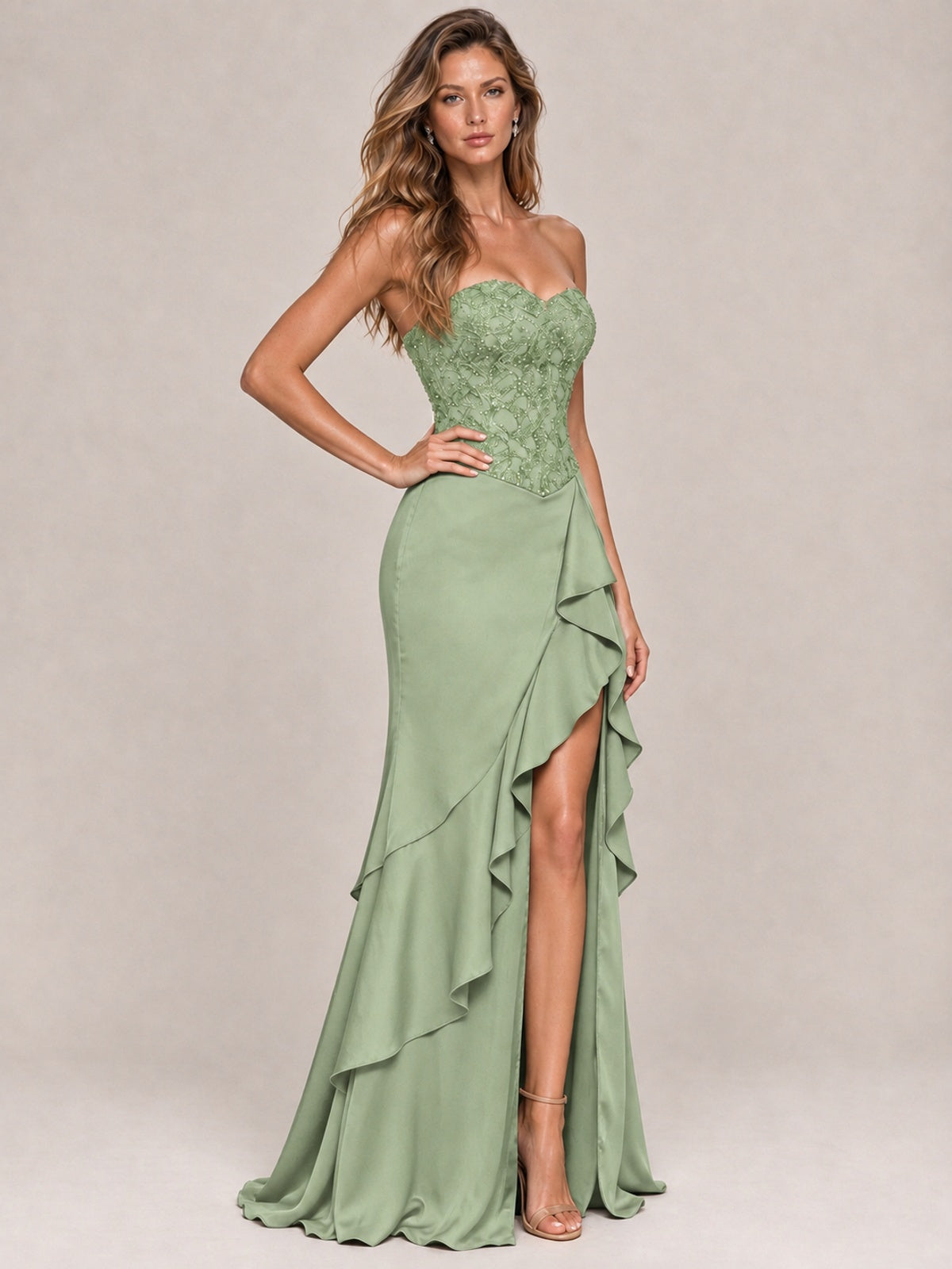 Strapless Lace Appliques Corset Satin Prom Dress Ruffle Slit Evening Gown