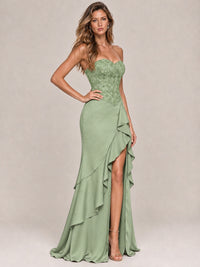 Strapless Lace Appliques Corset Satin Prom Dress Ruffle Slit Evening Gown