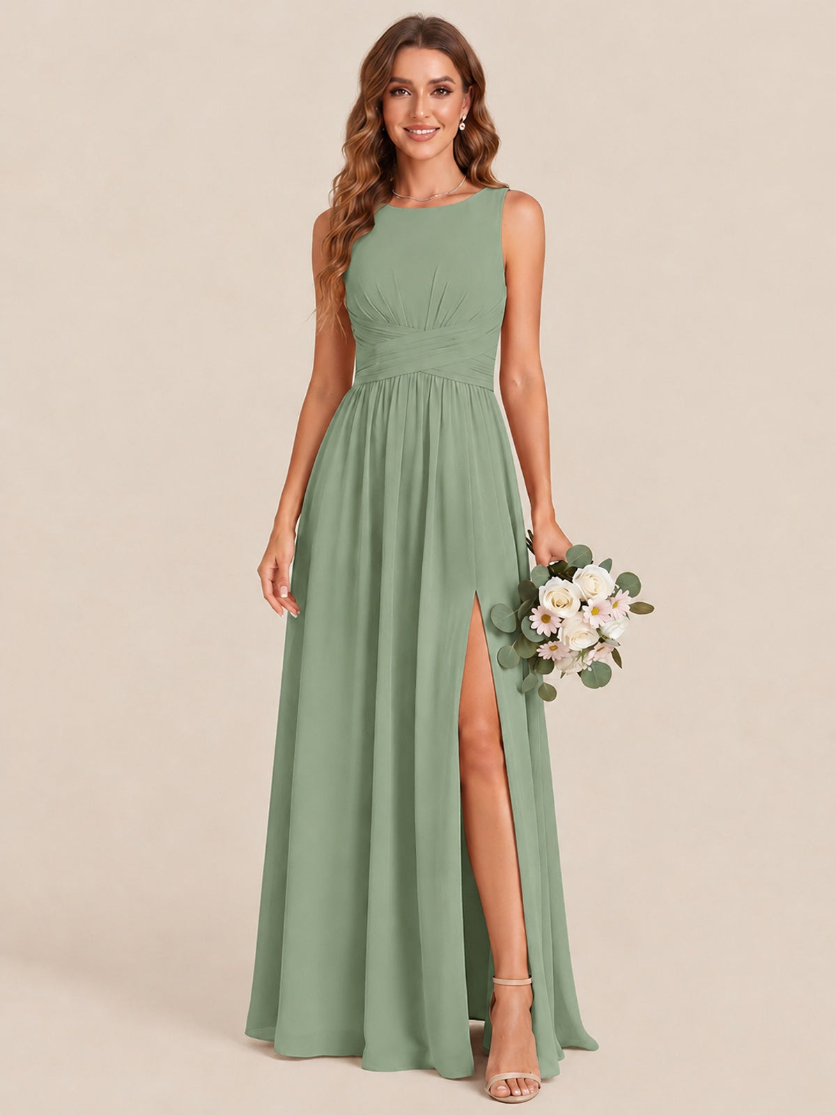 A-line Sleeveless Rucehd Chiffon Bridesmaid Dress with High Slit