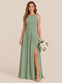 A-line Sleeveless Rucehd Chiffon Bridesmaid Dress with High Slit