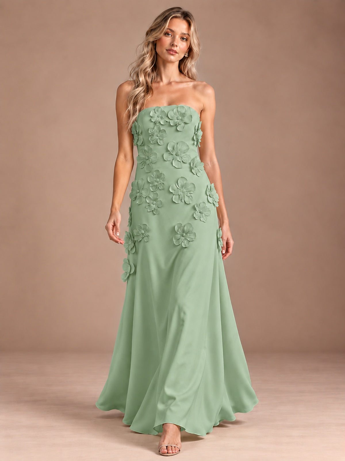 Yellow Strapless A-line Satin Maxi Dress with 3D Floral