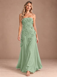Yellow Strapless A-line Satin Maxi Dress with 3D Floral