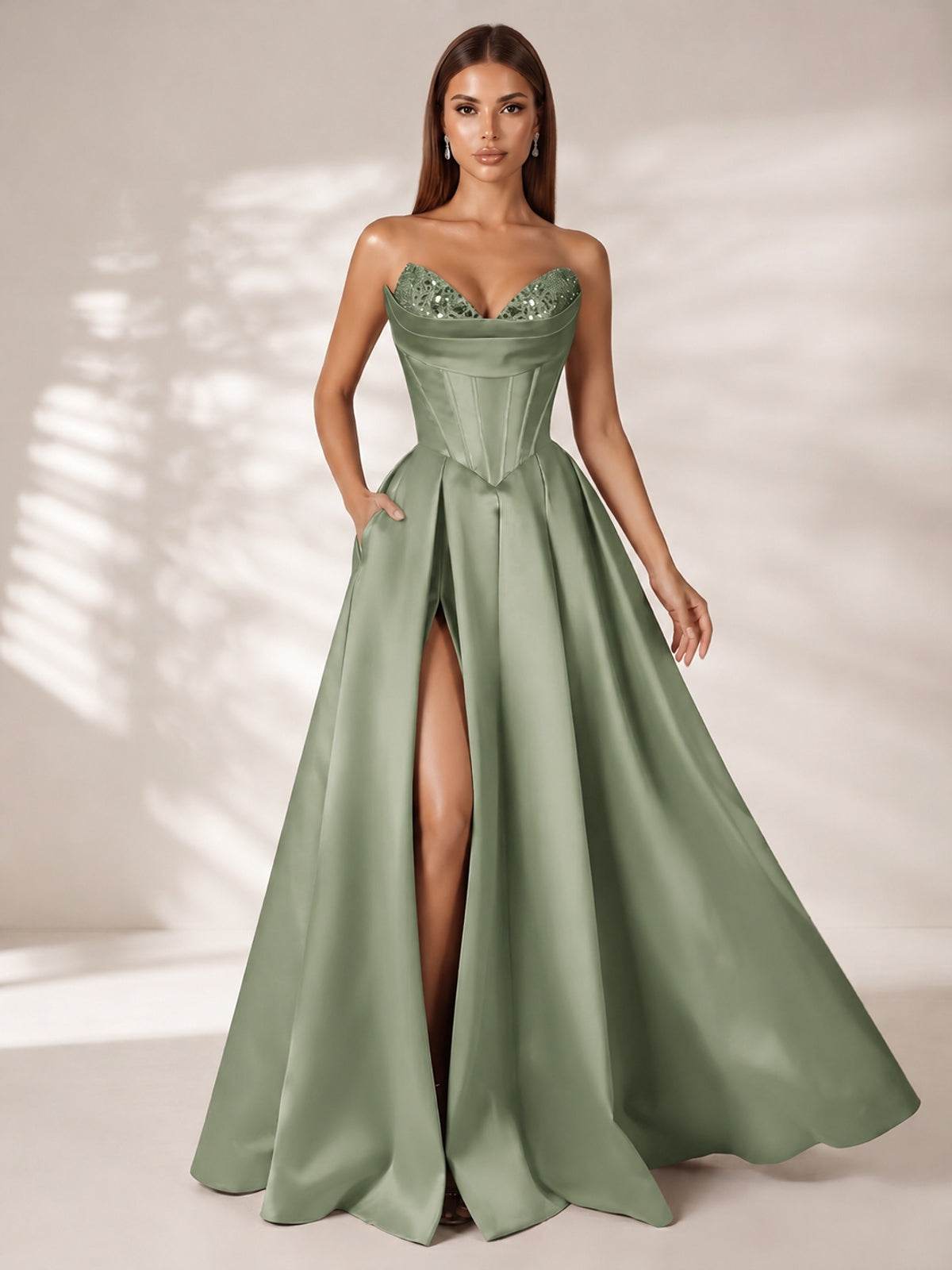 Strapless Corset Satin Prom Dress Long Evening Gown with High Slit